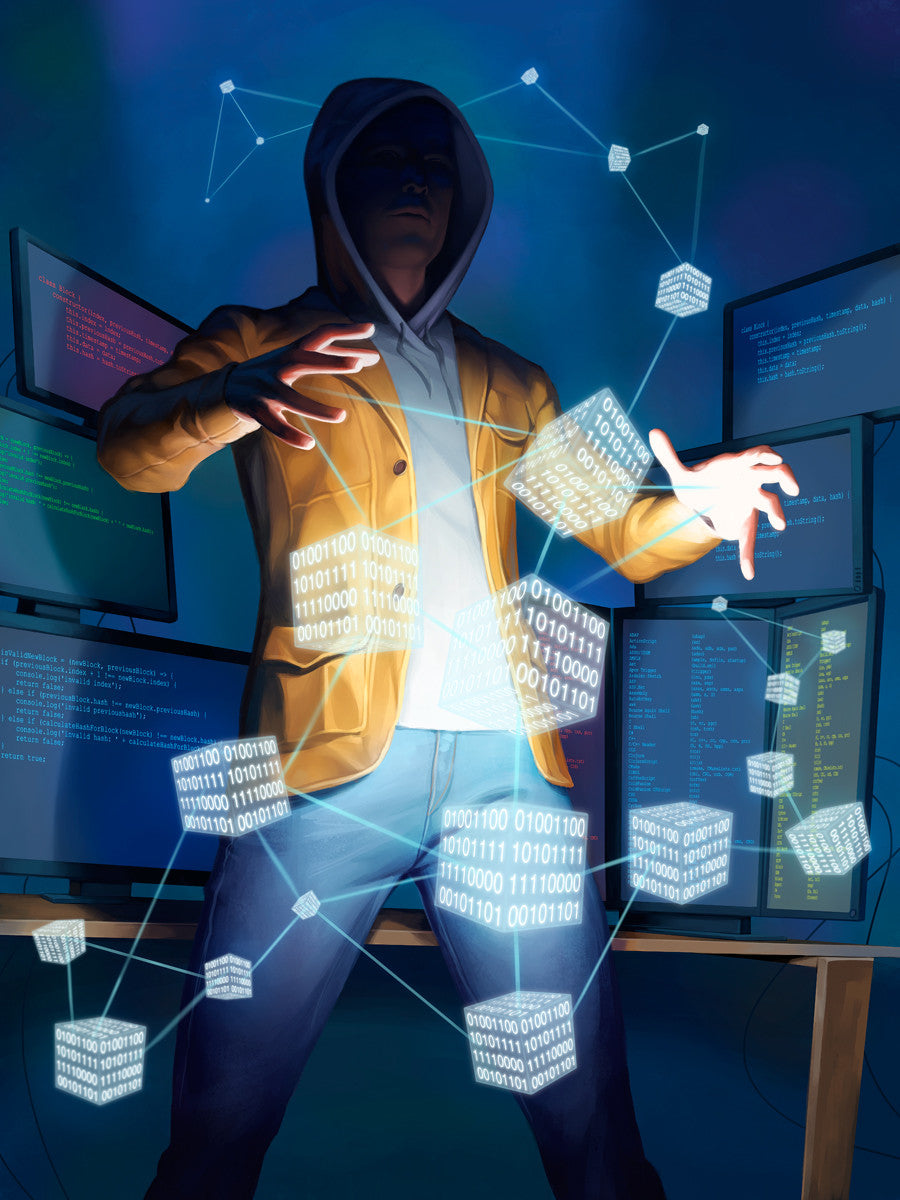 Person in a hood interacting with digital interfaces in a dark room with computer screens.